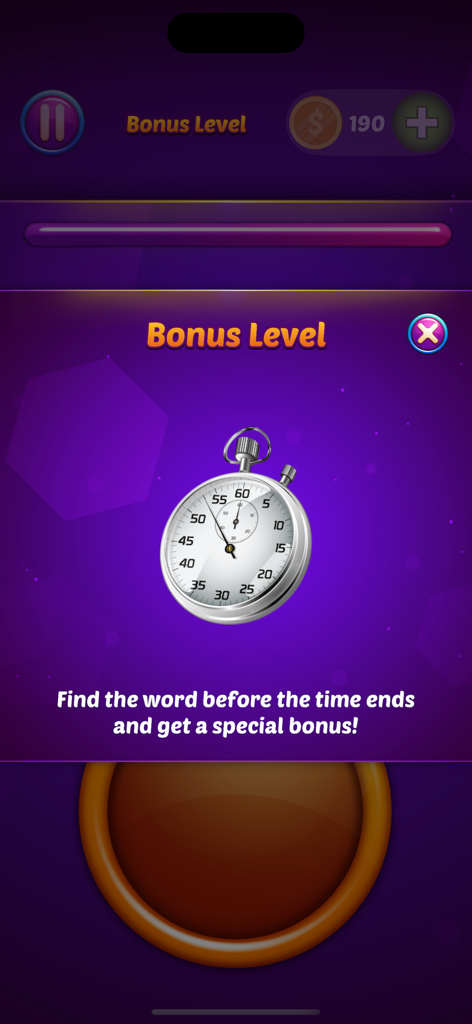 Word Candy game bonus level screen featuring a stopwatch for a timed word challenge.