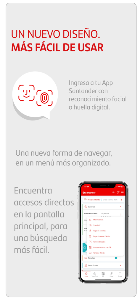 Santander Chile - Pantalla promocional de la aplicación Santander Chile destacando el reconocimiento facial biométrico y el inicio de sesión con huella dactilar con una nueva interfaz de usuario.