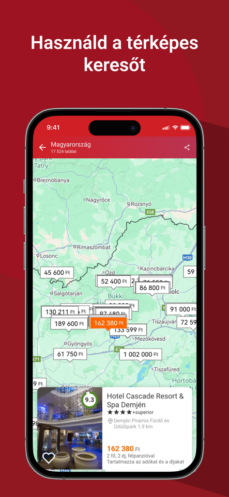 Szallas.hu - Szallas.hu app screen displaying a map search for hotels and resorts in Hungary.