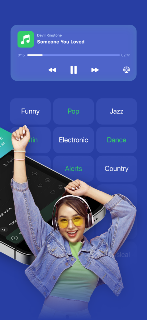 Ringtone Maker - AI Tune - Ringtone Maker app interface showing music genres like Pop and Jazz with an audio player at the top