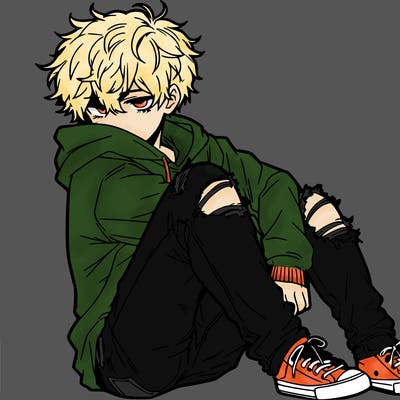 a male hoddie ripped jeans messy hair anime