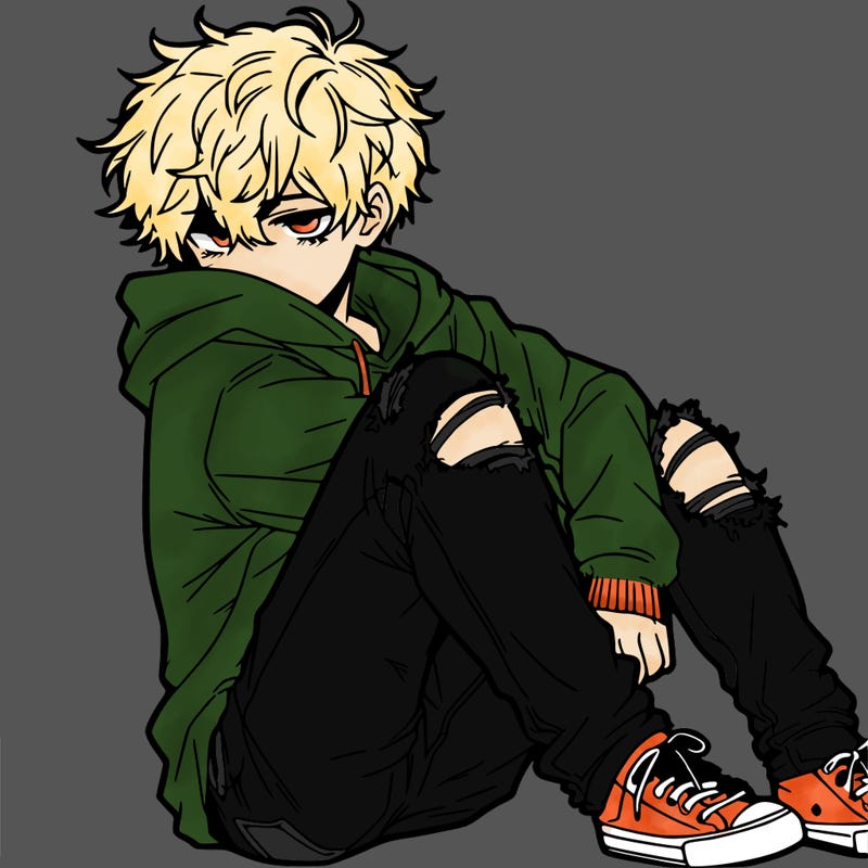 a male hoddie ripped jeans messy hair anime