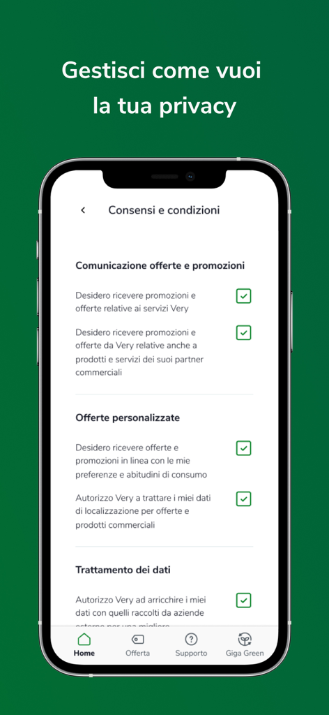 Very Mobile - Schermata di gestione della privacy e delle impostazioni di consenso dell'app Very Mobile