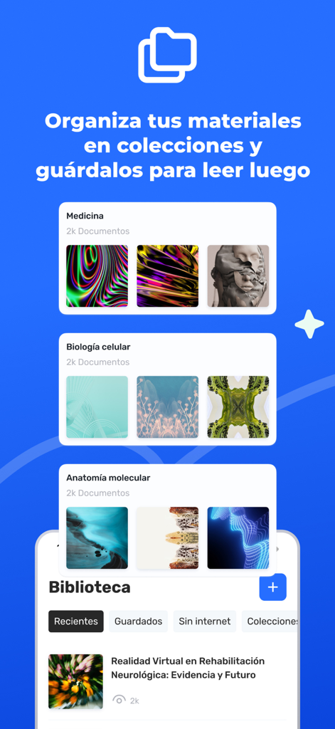 Pantalla de la aplicación uDocz mostrando colecciones de estudio organizadas para medicina y biología