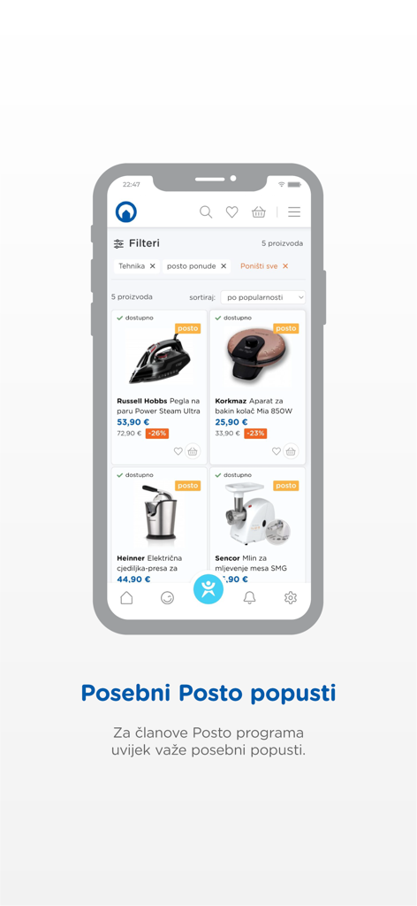 Okov - Okov mobile app interface showing household appliances like irons and meat grinders with special loyalty program discounts