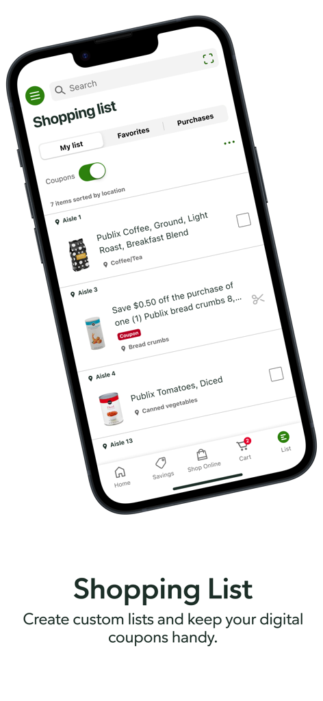 Publix - Publix app shopping list screen showing grocery items categorized by aisle location and digital coupons