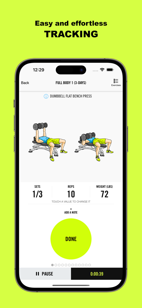 Interfaz de seguimiento de entrenamiento para press de banca plano con mancuernas en la aplicación Gym Life