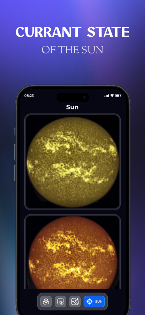 Interfaz de la aplicación móvil mostrando actividad solar en tiempo real para la predicción de auroras boreales