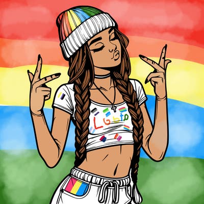 realistic teenage girl with braids and a beanie and crop top doing 🫶🏼