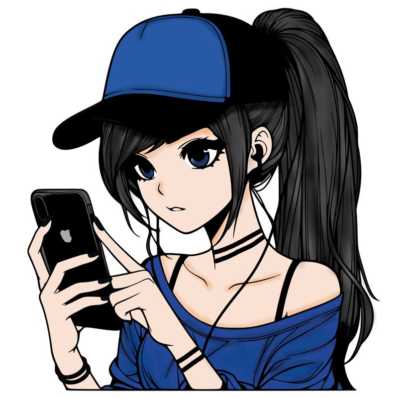realistic girl with a long ponytail and trucker hat holding an iphone