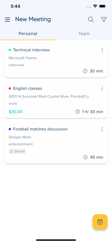 SimplyMeet.me - SimplyMeet.me app dashboard showing personal meeting categories like technical interviews and English classes with durations
