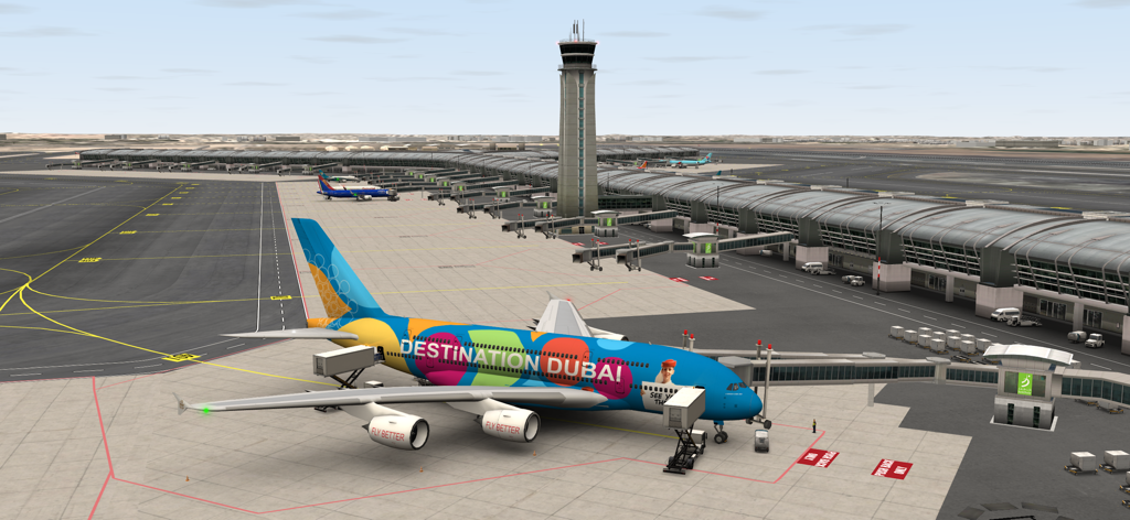 Avion 3D realista con librea Destination Dubai en la puerta de una terminal aeroportuaria