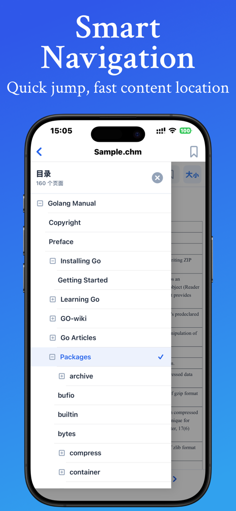 Smart Table of Contents navigation within the CHM Reader app