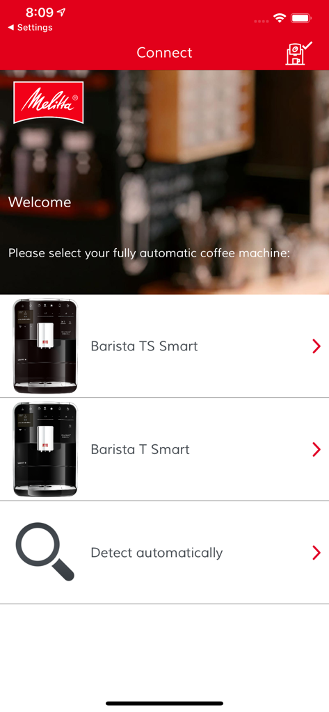 Melitta® Connect - Melitta Connect App-Einrichtungsbildschirm mit Optionen zur Auswahl der Kaffeemaschinenmodelle Barista TS Smart oder Barista T Smart