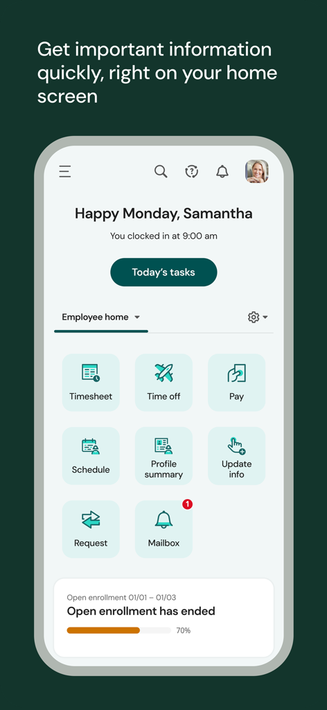 Schermata iniziale dell'app mobile UKG Ready che mostra il dashboard del dipendente con le opzioni di orario, busta paga e pianificazione