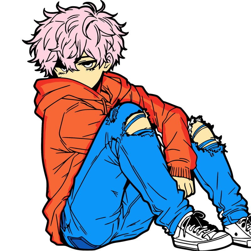 a male hoddie ripped jeans messy hair anime