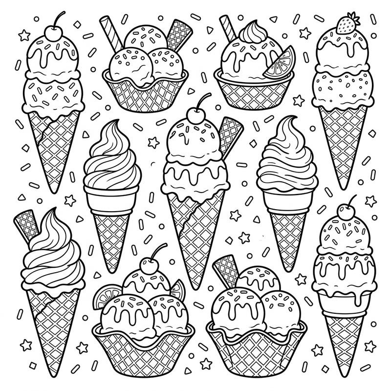 Dive into a world of sweet delights with our charming Ice Cream Cones coloring page! This fun and engaging printable is perfect for young artists eager to bring their favorite frozen treats to life with vibrant colors.