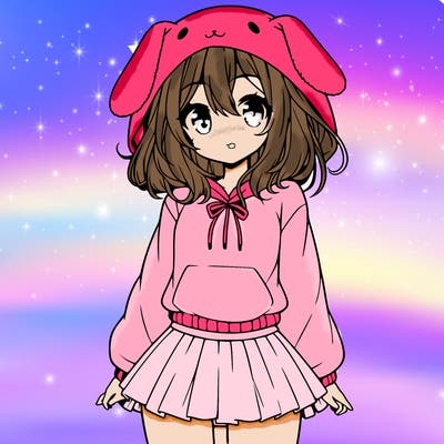 pretty anime girl wearing a fluffy hoodie with bunny ears on the hood and a skirt