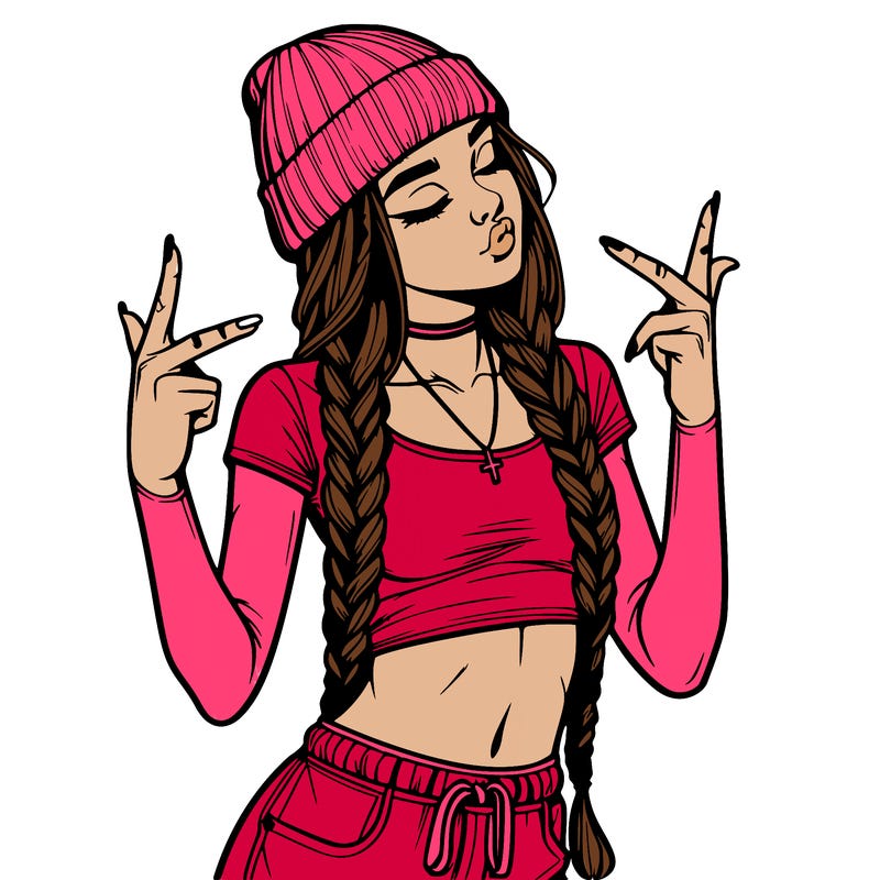 realistic teenage girl with braids and a beanie and crop top doing 🫶🏼