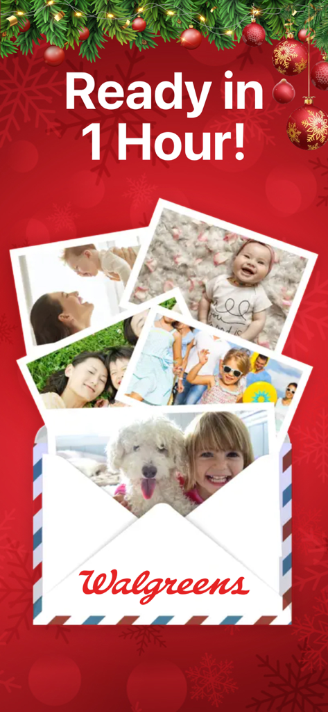A Walgreens photo envelope with family pictures and the text ready in one hour