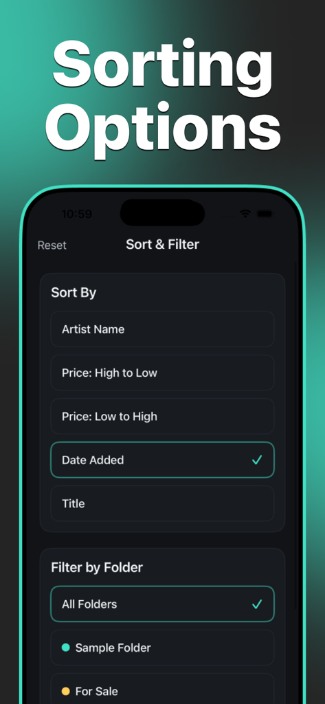Record Scanner & Vinyl - CD - The sorting and filtering interface of the Record Scanner app showing options to organize vinyl records by artist, price, and date.