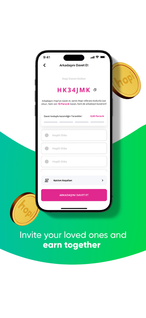 Hopi - Rewarding Shopping - Hopi app interface showing a referral code and invite button to earn rewards with friends