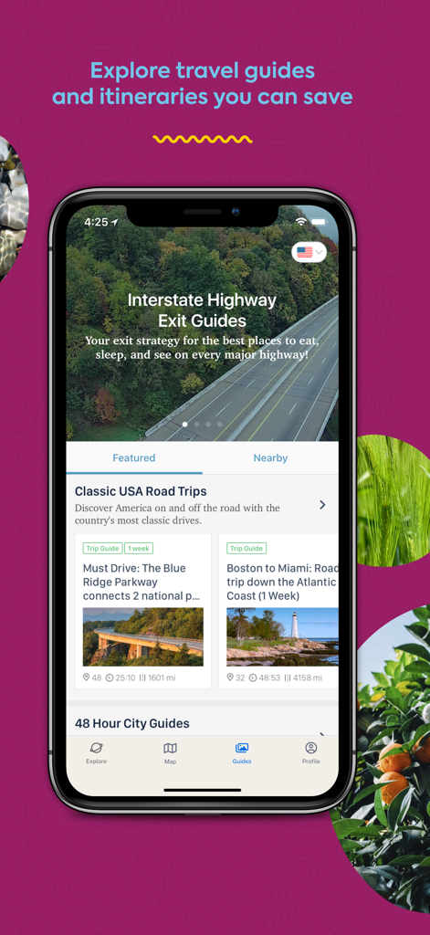 Roadtrippers app screen featuring travel guides and classic USA road trip itineraries.
