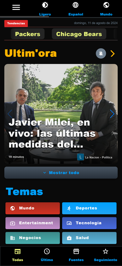 Spark News: Breaking Now - Spark News app interface in Spanish showing breaking news about Javier Milei and various news categories like world sports and technology