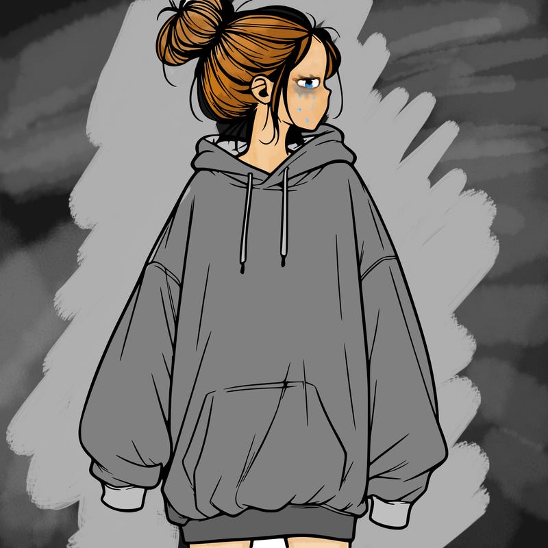 realistic girl with a oversized sweatshirt on and a bun