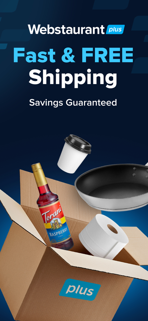 Gráfico promocional de WebstaurantStore Plus para envío rápido y gratuito en suministros de restaurante