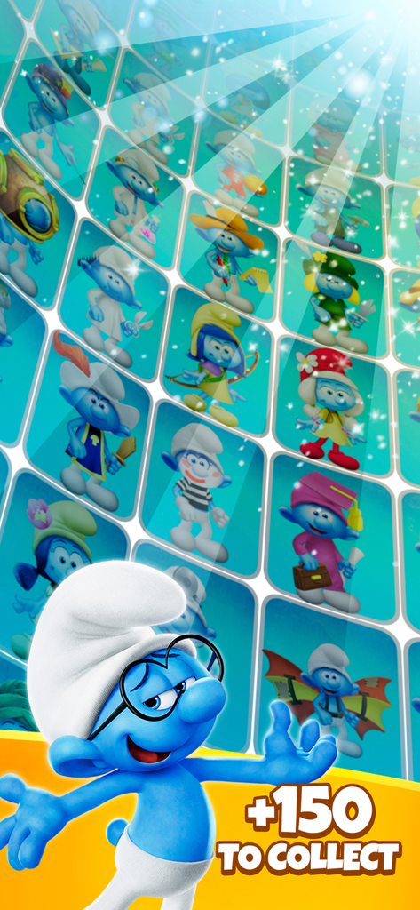 Brainy Smurf presenting over 150 collectible Smurf character cards in a grid layout