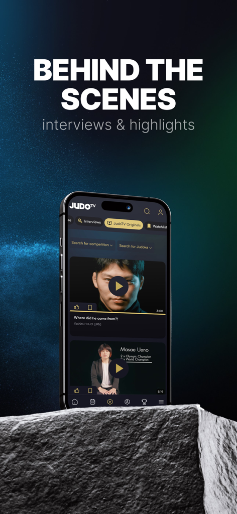 JudoTV app displaying behind the scenes interviews and highlights