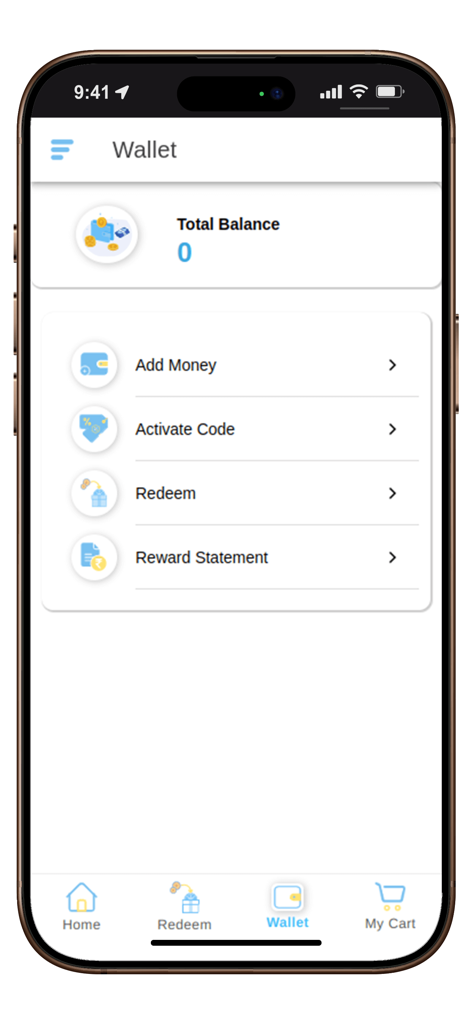 Benepik Plus app wallet screen displaying balance and options for adding money and redeeming rewards