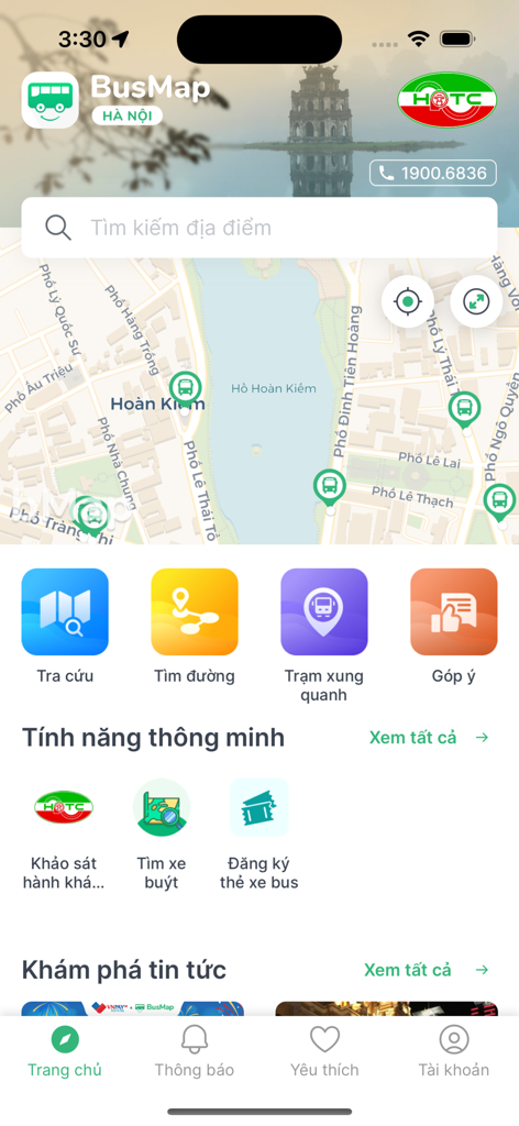 BusMap Hanoi mobile app home screen with transit map and navigation icons
