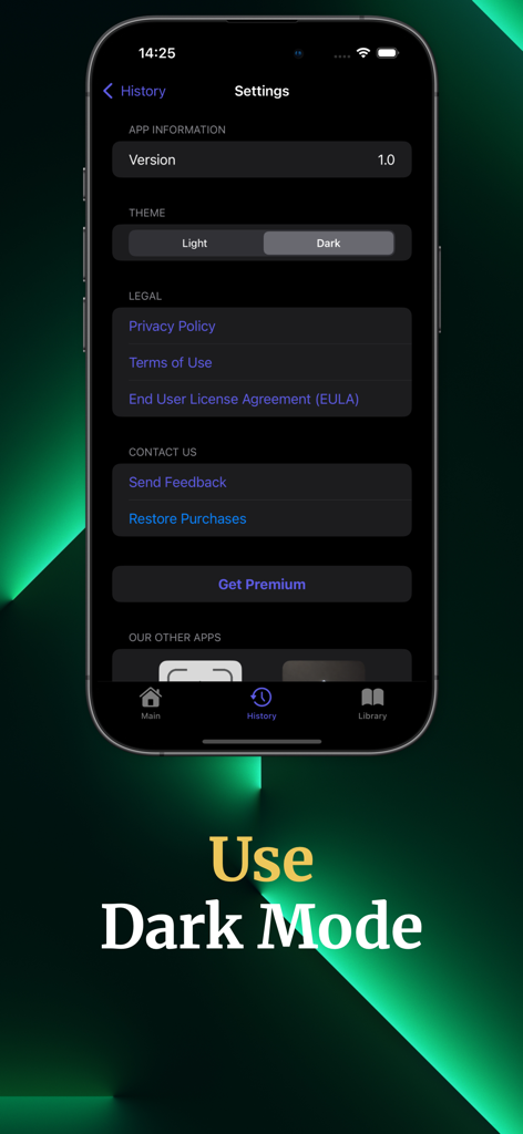Coin Scanner - Coinx - Menú de configuración de la aplicación Coin Scanner Coinx que muestra la interfaz en modo oscuro