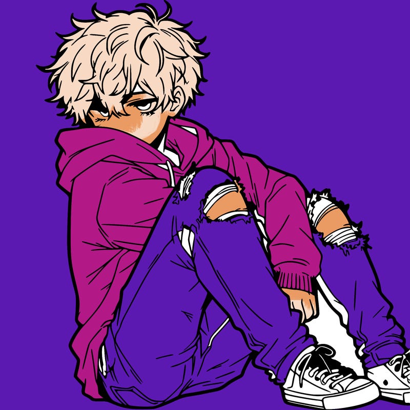 a male hoddie ripped jeans messy hair anime