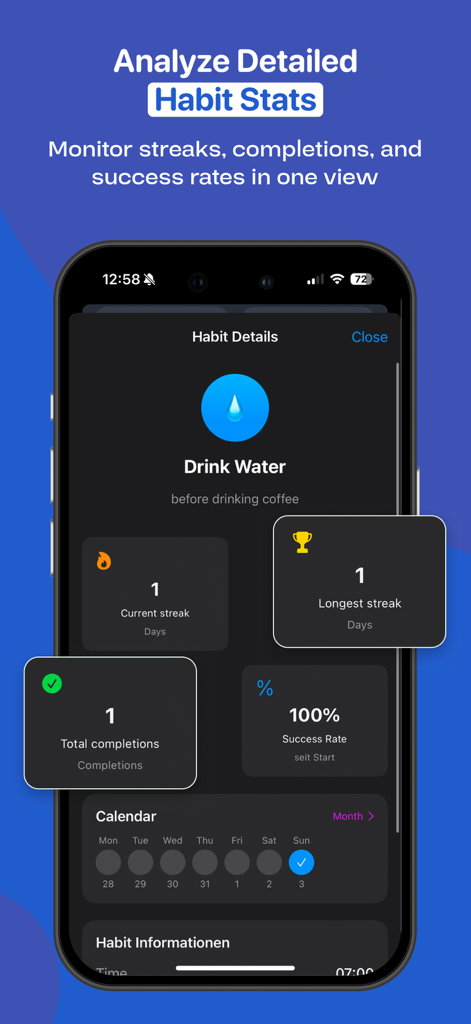 Stack Habit - Una captura de pantalla de la aplicación Stack Habit que muestra estadísticas detalladas de hábitos como rachas y tasas de éxito para una rutina diaria de consumo de agua en una interfaz minimalista de modo oscuro.