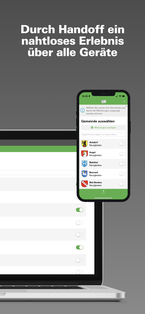 A laptop and smartphone showing the Gemeinde-News app and its Handoff feature for a seamless cross-device experience.