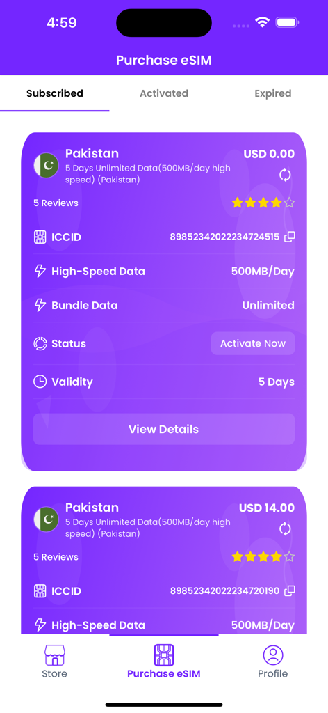 Kloud eSIM - Kloud eSIM app screen showing subscribed data plans for travel to Pakistan.