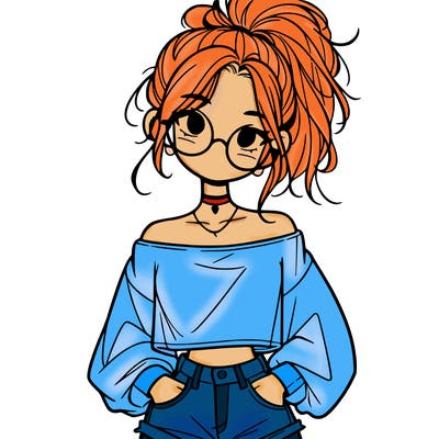 girl with a messy ponytail glasses a baggy crop top and jean shorts