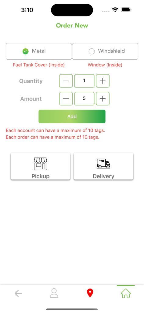 OulaFuel-App-Bildschirm zur Bestellung eines neuen Kraftstoff-Tags mit Optionen für Metall- oder Windschutzscheibenplatzierung und Abholung oder Lieferung.