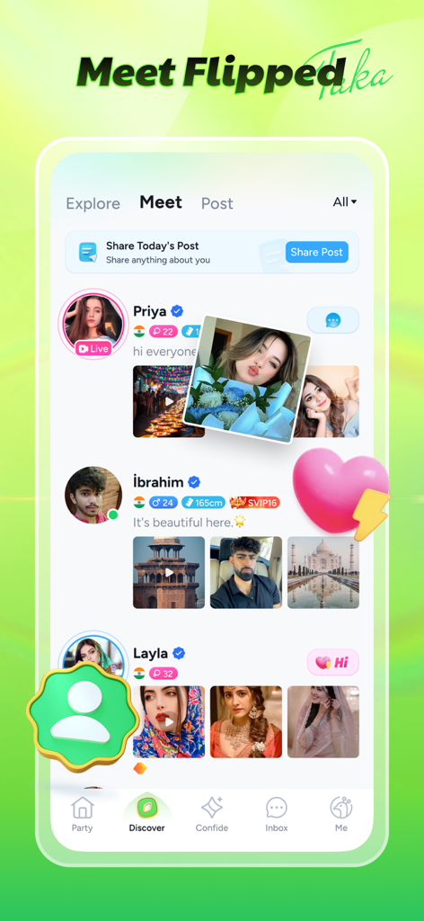 Interface do aplicativo Taka mostrando uma lista de perfis de usuário e postagens de fotos na seção Meet para descoberta social global.