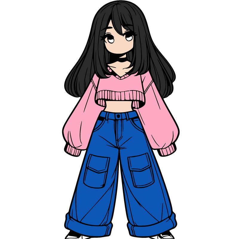 cute girl with straight hair in baggy jeans and a crop top and a sweater