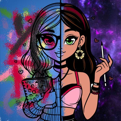 split with one side of girl nerd and one side popular