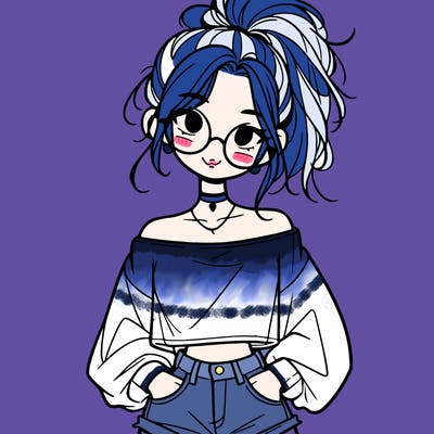 girl with a messy ponytail glasses a baggy crop top and jean shorts