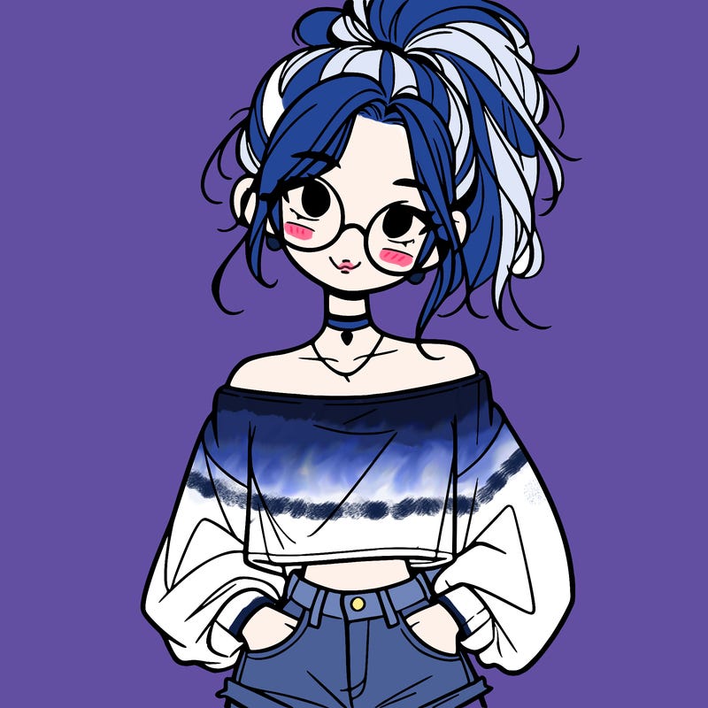 girl with a messy ponytail glasses a baggy crop top and jean shorts