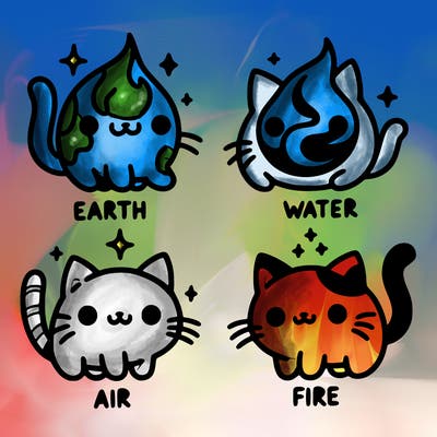 4 cats that represent the different elements, earth, water, air, and fire