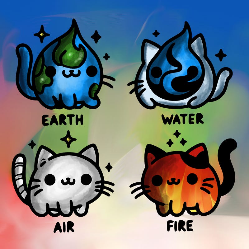 4 cats that represent the different elements, earth, water, air, and fire