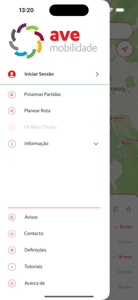 Side menu of the Ave Mobilidade mobile app displaying navigation options for public transit services.