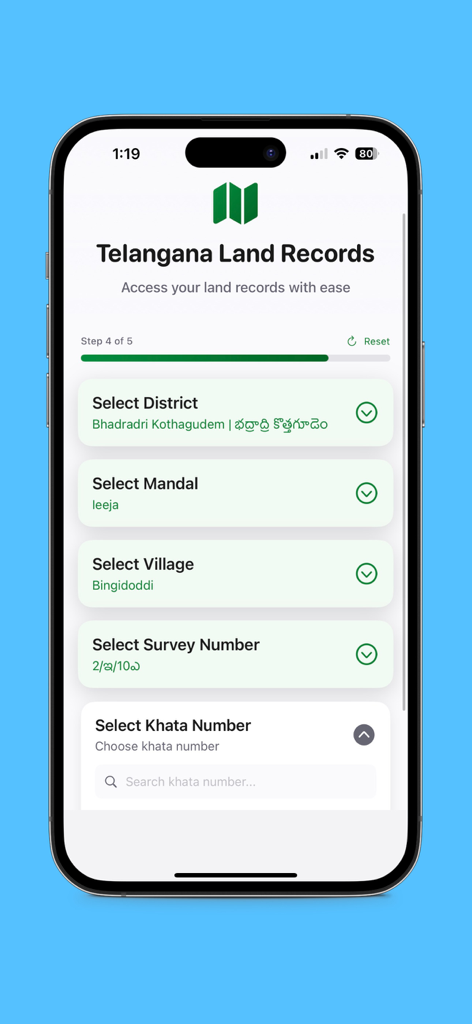 Telangana Land Records app screen showing selection fields for district mandal village and survey number